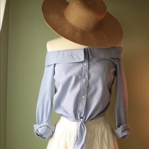 Off Shoulder Striped Blue tie top